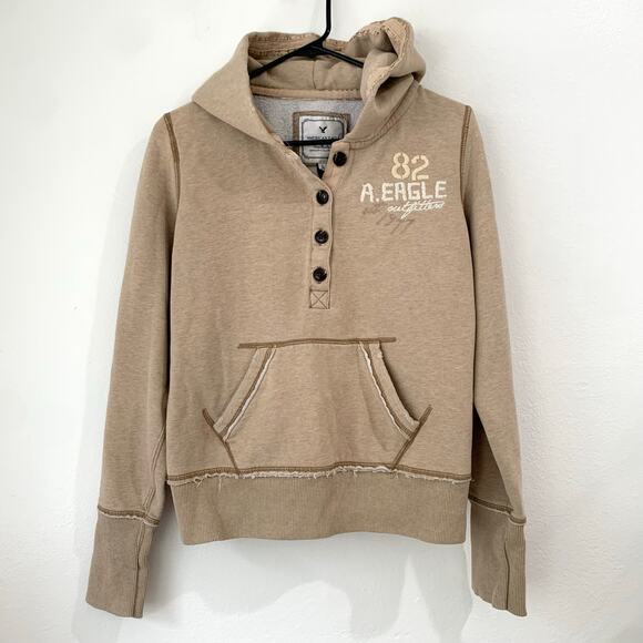 VTG Y2K American Eagle Womens Large Graphic Hoodie Pullover Tan Raw Edges Henley - Picture 1 of 15